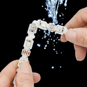 this is an image file showing water droplets on a waterproof LED strip light