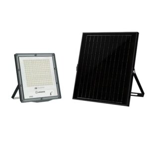 This is a picture of a 100w Ledvance Solar Flood Light with its solar panel.